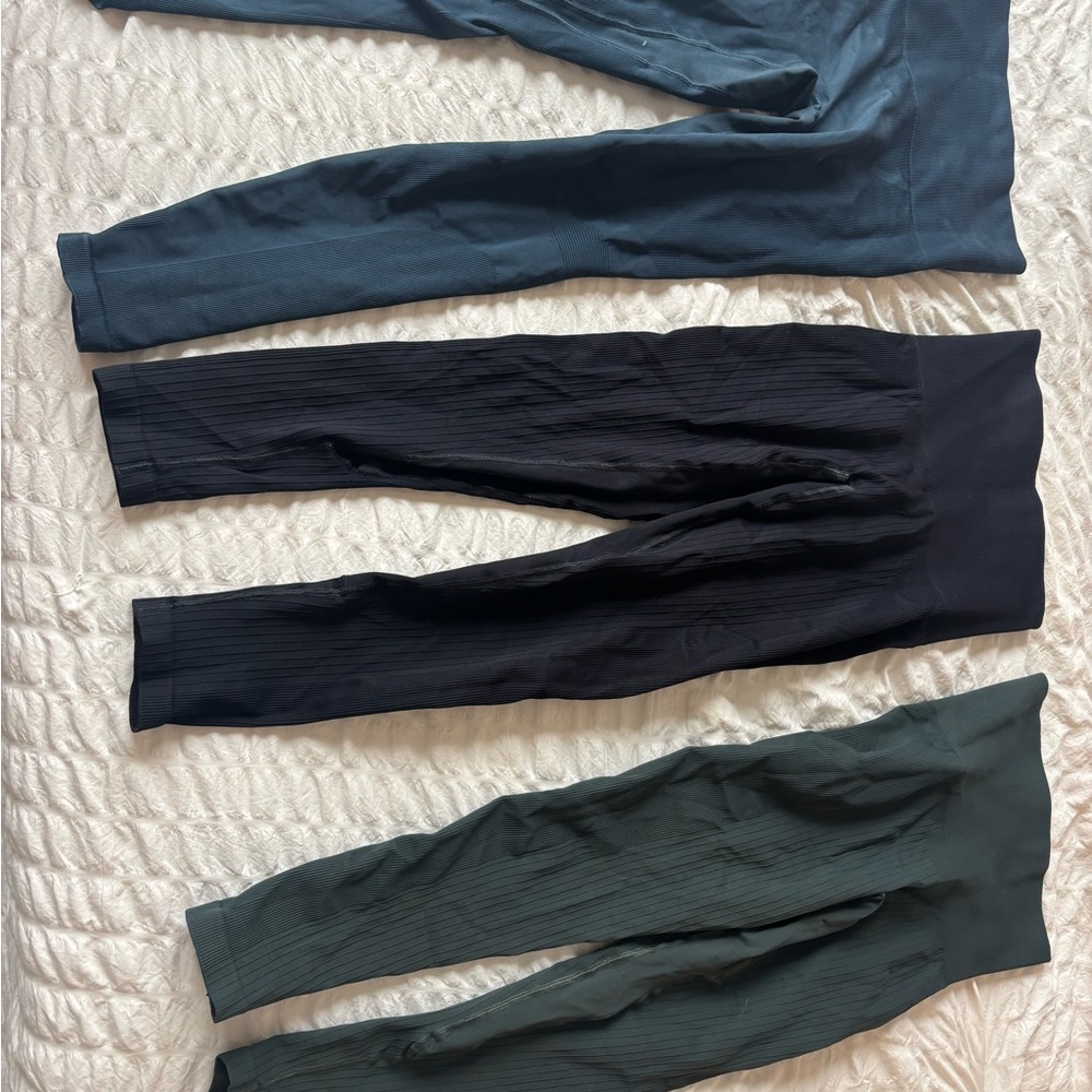 Set of Three Leggings in Black, Green, and blue